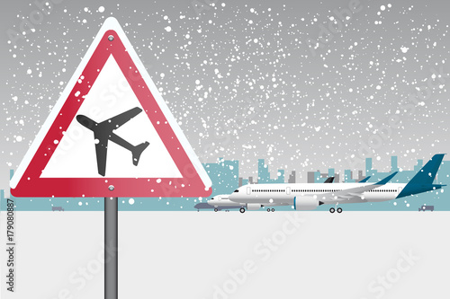 Sigh of low-flying aircraft on a background of airport. Concept of non-flying weather