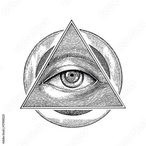 Pyramid of eye with vintage circle hand drawing engraving style