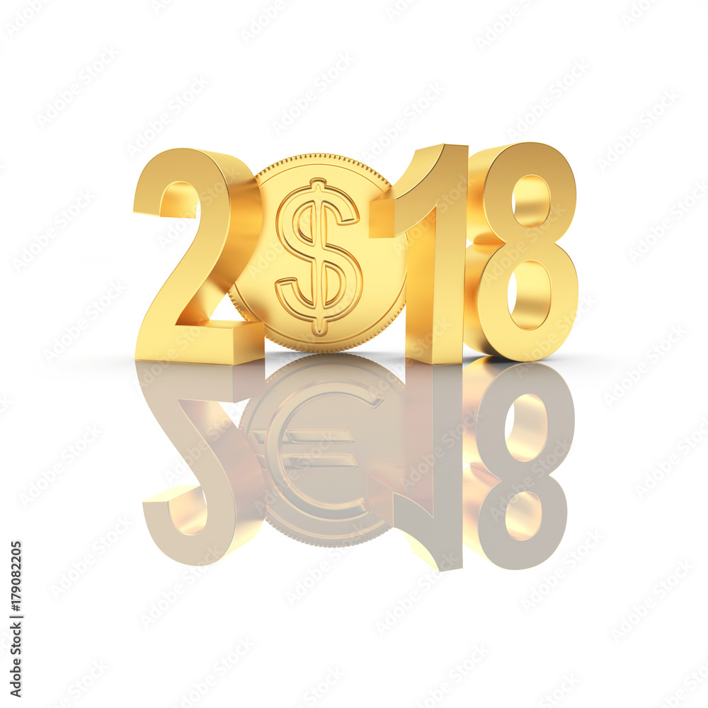 Golden 2018 New Year with coin Dollar sign and reflection with Euro sign on white background. 3D illustration Golden 2018 New Year with coin Dollar sign and reflection with Euro sign on white background. 3D illustration