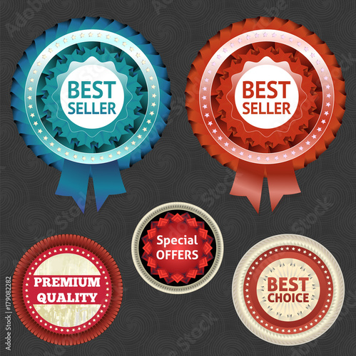 Best seller and choice labels with ribbon.