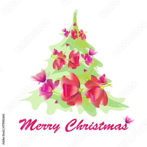 Christmas tree with flowers,on a white photo