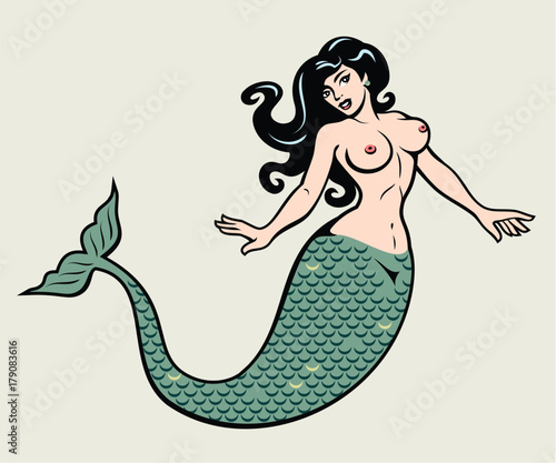 The image of a mermaid in the traditional style of Old school tattoo pin-up