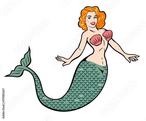 The image of a mermaid in the traditional style of Old school tattoo pin-up