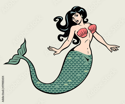 The image of a mermaid in the traditional style of Old school tattoo pin-up