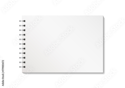 Blank notebook with clipping path isolated on white background. Vector realistic closed notebook. Mock up of blank copybook with metallic silver spiral. Template of organizer or diary.