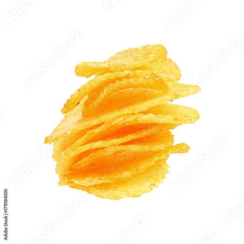stack of barbecue flavor potato chips isolated on white