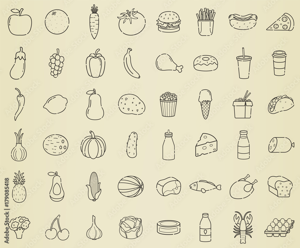 Food icons set. Fruits, Vegetables, Fast food and every day food. Outline icons style. Vector 