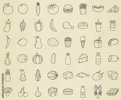 Food icons set. Fruits, Vegetables, Fast food and every day food. Outline icons style. Vector 