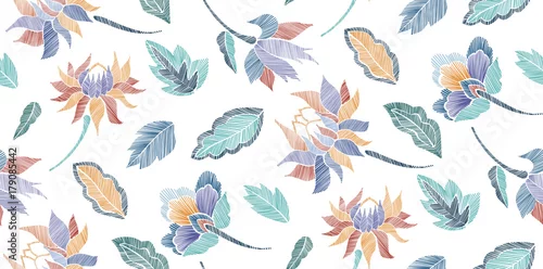 Tapety Kwiatowy bezszwowe tło wzór z fantasy kwiaty i liście Grafika liniowa. Kwiaty haftu. Ilustracji wektorowych.