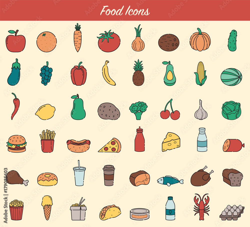 Food and drink icons. Fruits, Vegetables, Fast food and every day food icons. Outline design style. Vector 