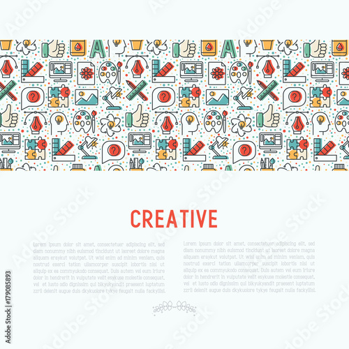 Creative concept with thin line icons of idea, puzzle, color palette, brushes, creative vision, development design. Vector illustration of banner, web page, print media.