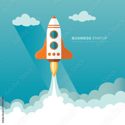 Launching a rocket into space. illustration of a business startup template. Flat design modern vector illustration concept of new project start up development and launch a new innovation market. © subjob