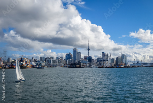 Auckland view from the sea and sailing ship, New Zealand