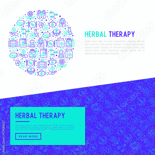 Herbal therapy concept in circle with thin line icons: herbalist, decoction, aromatic oil, oil burner, tea. Vector illustration for banner, web page, print media.