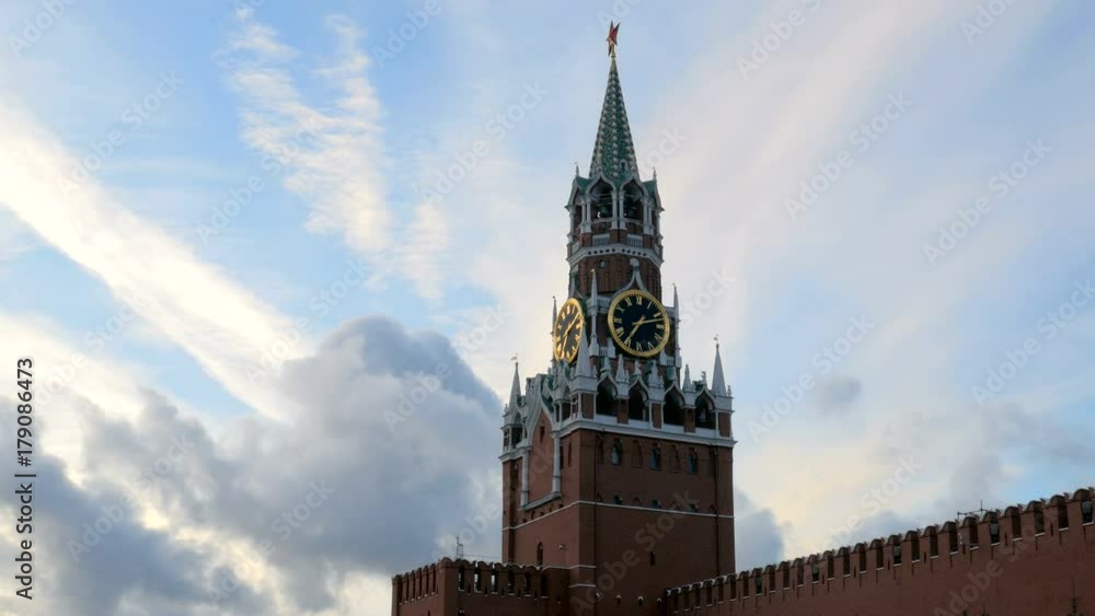 Spasskaya clock tower of Moscow Kremlin in morning time, close-up