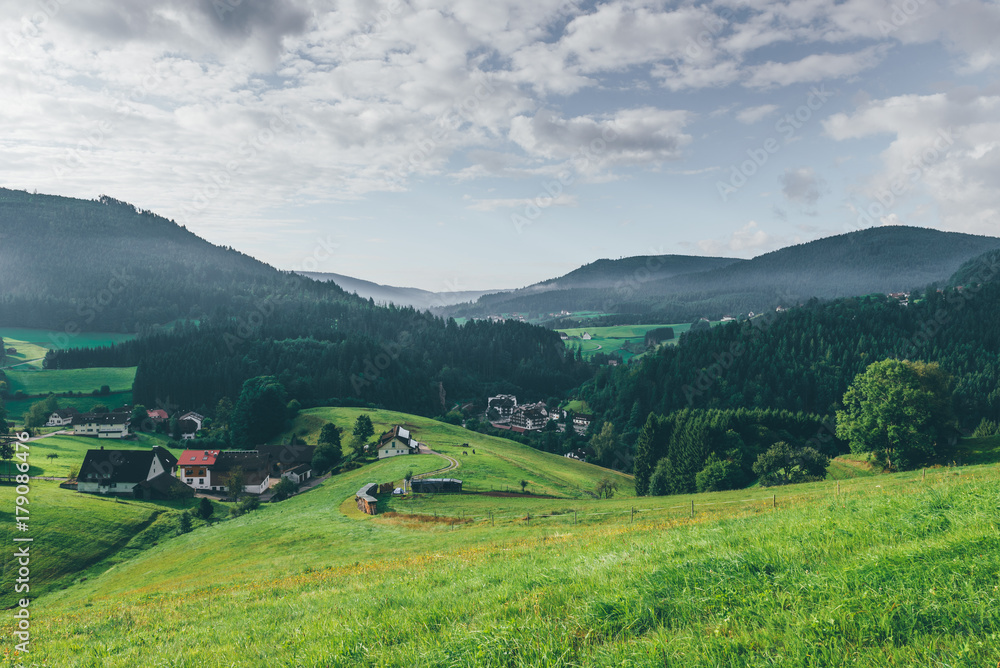 View on countryside with fog and mountains in the Black Forest, Germany