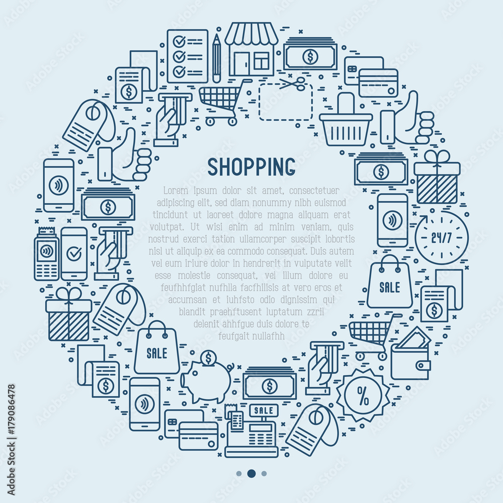 Shopping concept in circle with thin line icons: cashbox, payment, pos terminal, piggy bank, sale, currency, credit card, trolley. Vector illustration for banner, print media. Shopping concept in circle with thin line icons: cashbox, payment, pos terminal, piggy bank, sale, currency, credit card, trolley. Vector illustration for banner, print media.