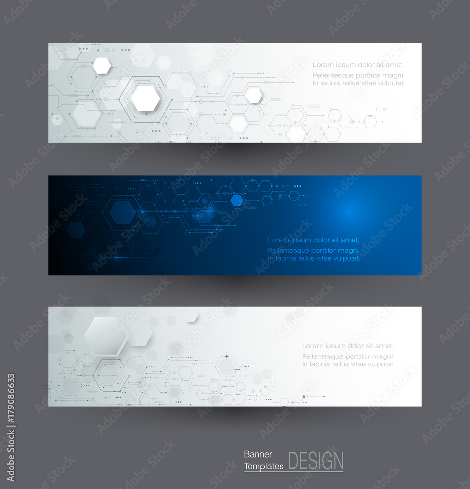 Vector banners set of circuit board on hexagons background. Hi-tech digital technology and engineering, digital telecom technology concept. Vector abstract futuristic on dark blue color background