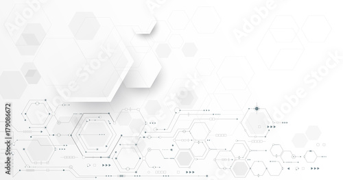 Vector illustration circuit board and hexagons background. Hi-tech digital technology and engineering, digital telecom technology concept. Vector abstract futuristic on white gray color background