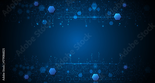Vector illustration circuit board and hexagons background. Hi-tech digital technology and engineering, digital telecom technology concept. Vector abstract futuristic on dark blue color background