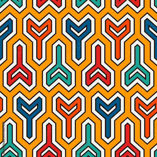 Interlocking three pronged blocks background. Winder keys motif. Ethnic seamless surface pattern with geometric figures.