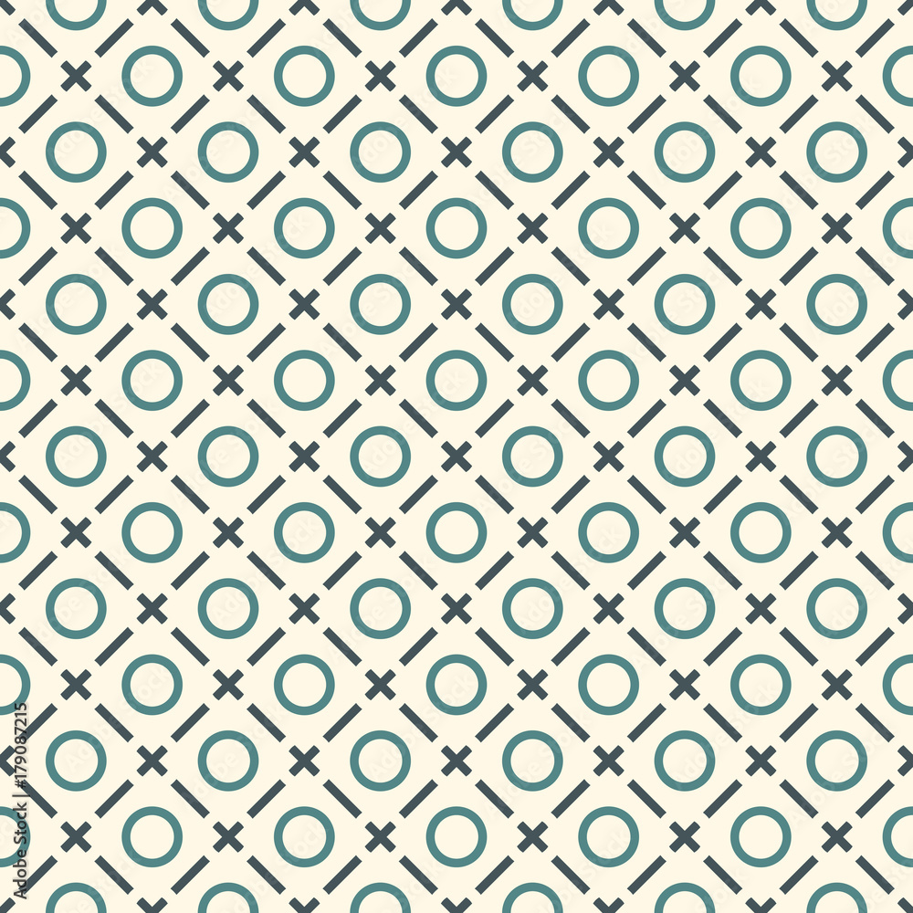 Minimalist abstract background. Simple print with mini crosses, rings and diagonal lines. Geometric seamless pattern.