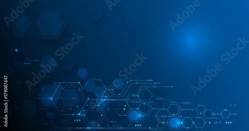 Vector illustration circuit board and hexagons background. Hi-tech digital technology and engineering, digital telecom technology concept. Vector abstract futuristic on dark blue color background