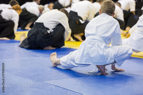 Warm-up and stretching of muscles on Aikido training