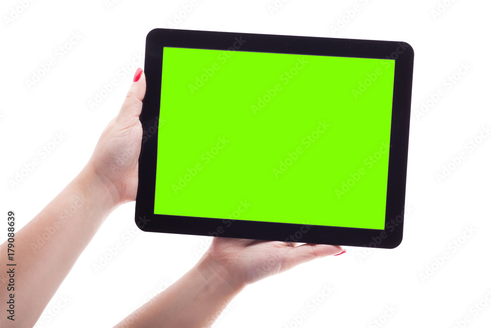 female hands on a white background holding tablet picture with depth of field, selective focus on the tablet female hands on a white background holding tablet picture with depth of field, selective focus on the tablet