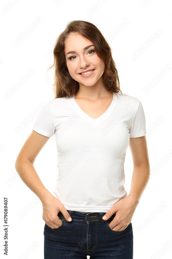Portrait of young woman on white background Portrait of young woman on white background
