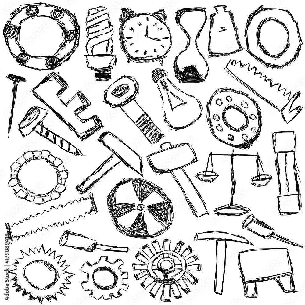 set of mechanical spare parts and tools - kids drawing Stock Photo