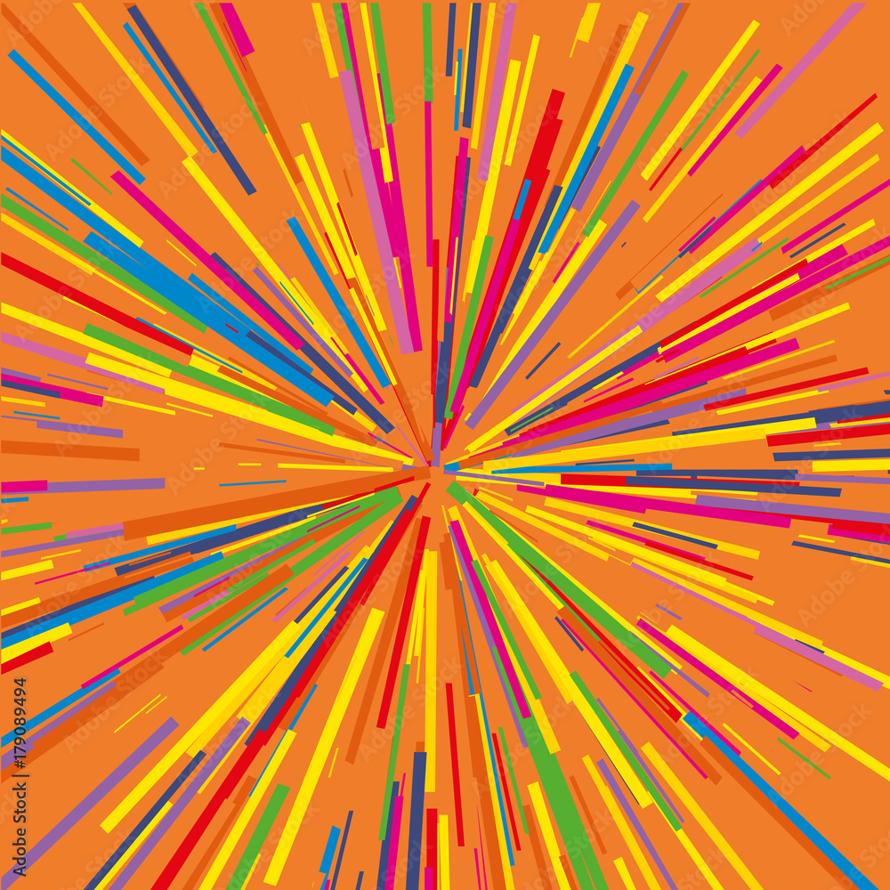 Radiating from the center of thin beams, lines. Vector illustration. Colorful Dynamic style. Abstract explosion, speed motion