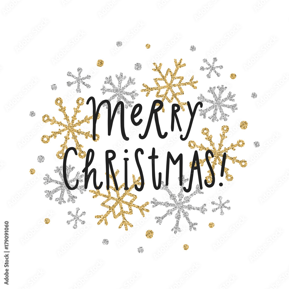 Obraz premium Merry Christmas card with glitter snowflakes. Vector hand drawn illustration