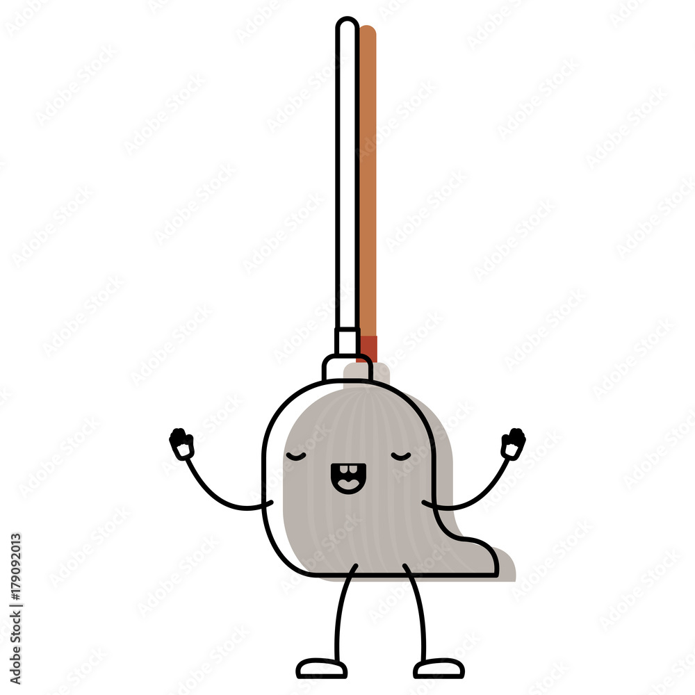kawaii cartoon mop with wooden stick in colorful watercolor silhouette kawaii cartoon mop with wooden stick in colorful watercolor silhouette