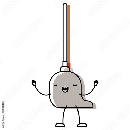 kawaii cartoon mop with wooden stick in colorful watercolor silhouette