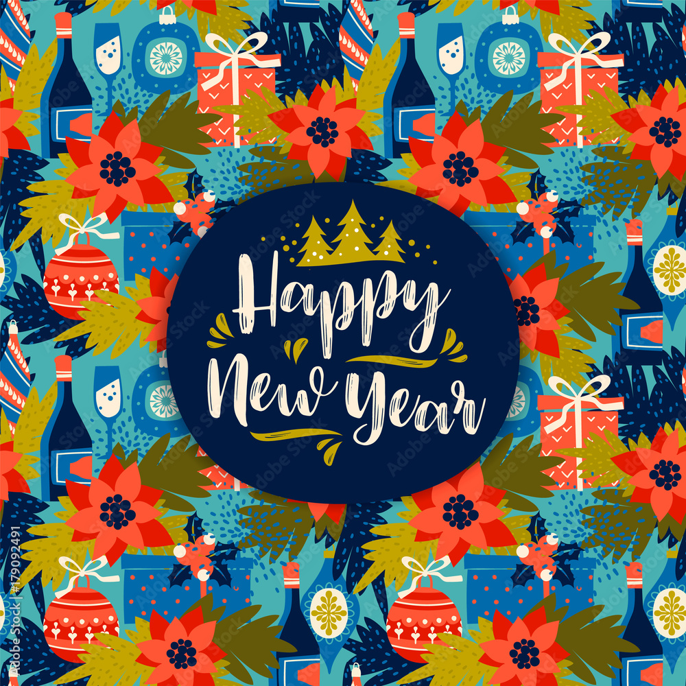 Happy New Year. Vector design element with New Year's symbols.