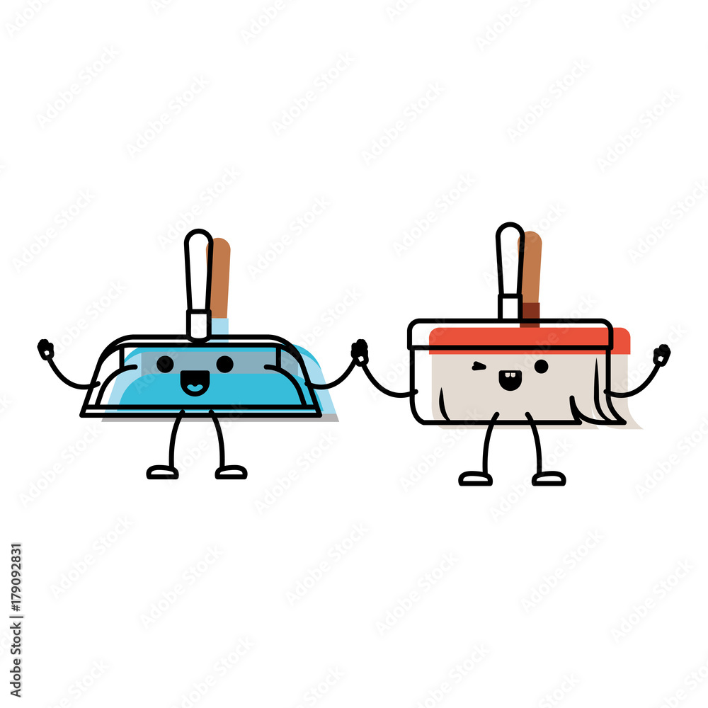 Obraz premium kawaii cartoon hand broom and hand dustpan holding hands in colorful watercolor silhouette
