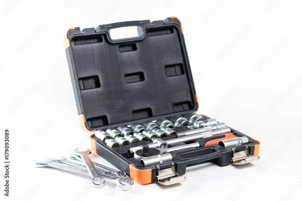 Tool kit for the car. Isolated on white background Tool kit for the car. Isolated on white background