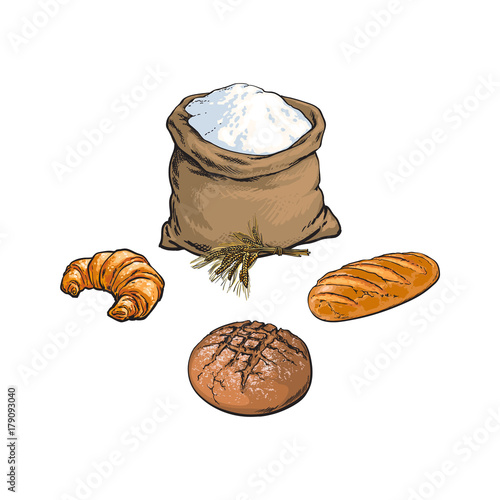 vector sketch cartoon flour or sugar burlap bag or sack, croissant ,baguette bread loaf, wheat ears set. Isolated illustration on a white background. Bakery menu, logo brand design element