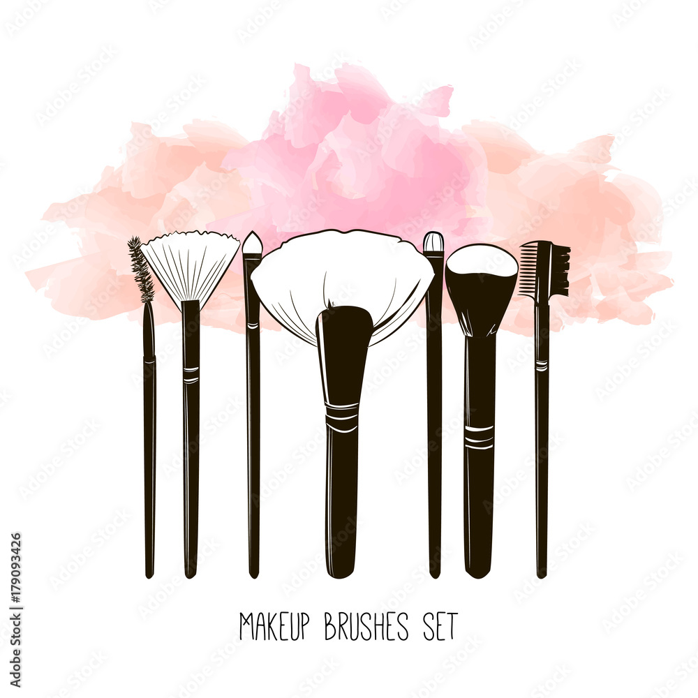 Watercolor hand drawn illustration set of makeup brushes on colorful grunge  background. Abstract vector banner design. Concept for beauty salon,  cosmetics label, cosmetology, visage and makeup. Stock Vector | Adobe Stock