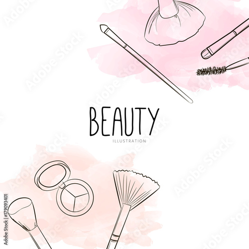 Fashion beauty cosmetics background with make up artist objects: make-up brushes, eyebrow brush, eyeshadow, blush and watercolor spots. Vector hand drawn illustration with place for text.