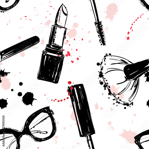 Seamless makeup cosmetics pattern. Vector hand drawn graphic fashion illustration: glasses, brush, makeup brush, lipstick, Brush of Mascara, mascara. Seamless pattern With pink and black ink sprays.