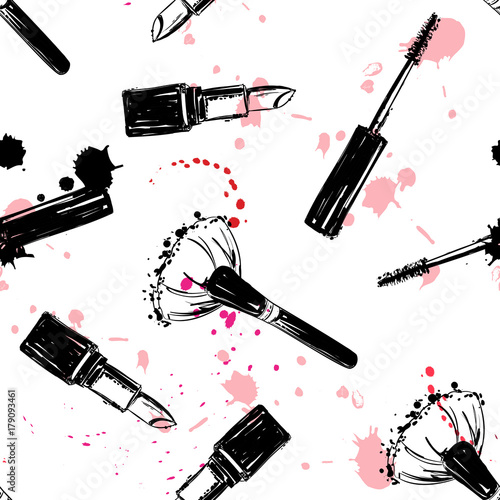 Seamless makeup cosmetics pattern. Vector hand drawn graphic fashion illustration: brush, makeup brush, lipstick, Brush of Mascara, mascara. Seamless pattern With pink and red ink sprays.