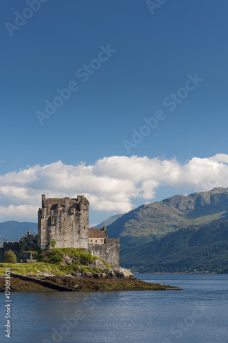 View of the Eilean Donan Castle in the Highlands of Scotland  United Kingdom  Concept for travel in Scotland