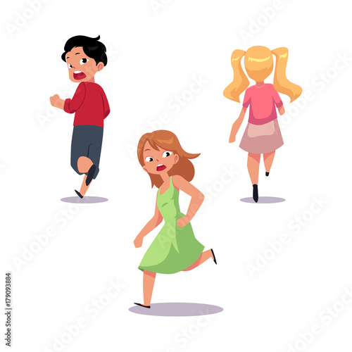 Frightened kids, boy and two girl running away in fear and panic, cartoon vector illustration isolated on white background. Cute scared teenage kids, boy and girl, running in fear
