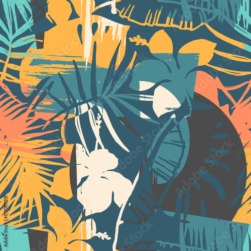 Seamless exotic pattern with tropical plants and artistic background.