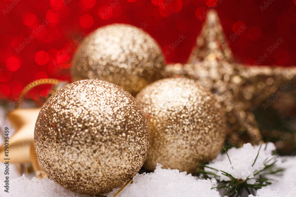 Christmas composition of Christmas tree toys on a red background Christmas composition of Christmas tree toys on a red background