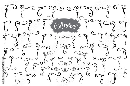 Hand drawn swirl and flourish corners. Calligraphic design elements. Vintage Vector Illustration