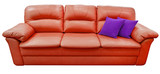 Red sofa with purple pillow. Soft lemon couch. Classic pistachio divan on isolated background