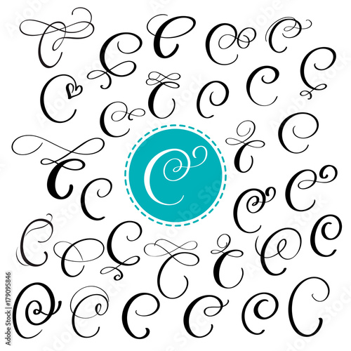 Set of Hand drawn vector calligraphy letter C. Script font. Isolated letters written with ink. Handwritten brush style. Hand lettering for logos packaging design poster. Typographic set on white